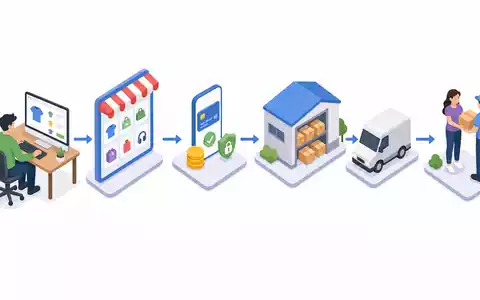 eBay Inc. E-Commerce Wertschöpfungskette ISIN US2786421030 als isometrisches 3D-Diagramm von Verkauf bis zur Lieferung - Foto: THN