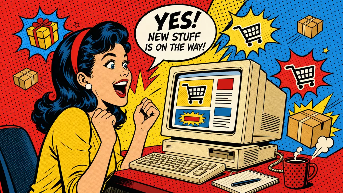 Pop-Art-Comic einer aufgeregten Frau beim Online-Shopping mit Paketen und Warenkorbsymbolen