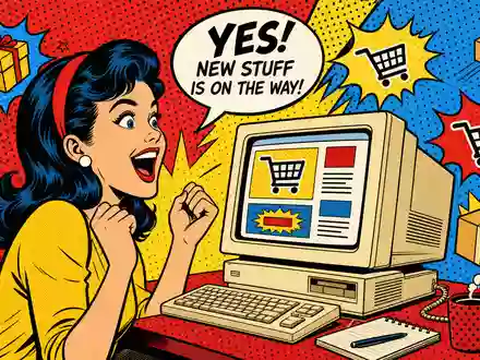 eBay Inc. Online-Shopping Szene ISIN US2786421030 als farbiger Pop-Art-Comic mit begeisterter Käuferin am Rechner - Foto: THN