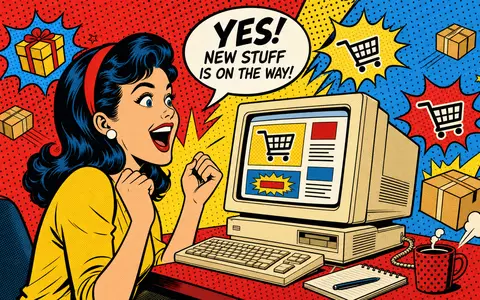 eBay Inc. Online-Shopping Szene ISIN US2786421030 als farbiger Pop-Art-Comic mit begeisterter Käuferin am Rechner - Foto: THN