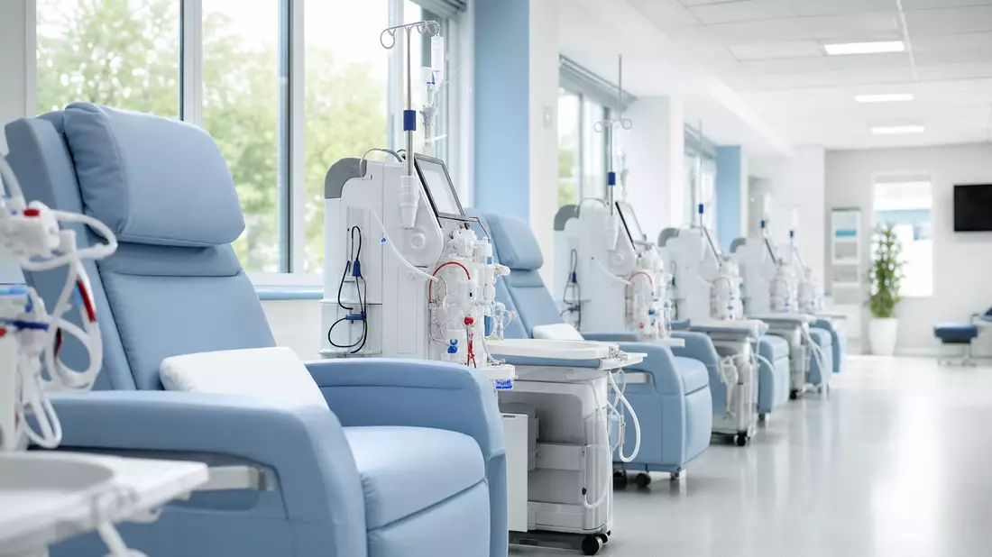 Modernes Dialysezentrum mit hellblauen Behandlungsstühlen und medizinischen Geräten in klinischer Umgebung