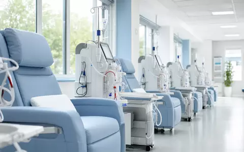 Fotorealistisches Dialysezentrum symbolisiert Fresenius Medical Care AG DE0005785802 mit modernen Behandlungsstühlen in ruhiger klinischer Atmosphäre - Foto: THN