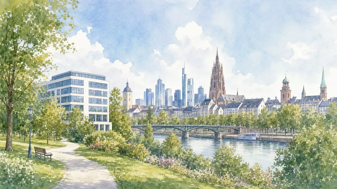 Aquarellbild einer Stadtlandschaft mit modernem Klinikgebäude am Flussufer