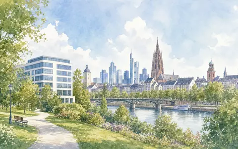 Aquarellmalerei zeigt Stadtlandschaft mit Klinikgebäude, passend zu Fresenius Medical Care AG DE0005785802 in sanften Pastellfarben - Foto: THN