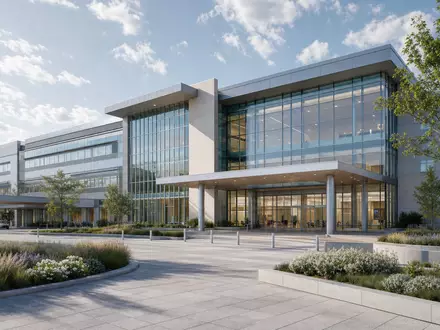 Architektur-Render zeigt modernes Glasgebäude als Sinnbild für Fresenius Medical Care AG DE0005785802 mit minimalistischer Fassade - Foto: THN