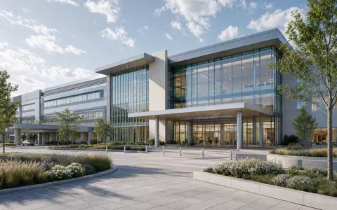 Architektur-Render zeigt modernes Glasgebäude als Sinnbild für Fresenius Medical Care AG DE0005785802 mit minimalistischer Fassade - Foto: THN