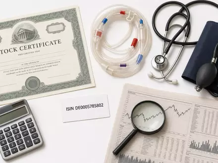 Flatlay zeigt Aktienzertifikat und ISIN-Karte DE0005785802 mit medizinischen Utensilien, symbolisch für Fresenius Medical Care AG - Foto: THN