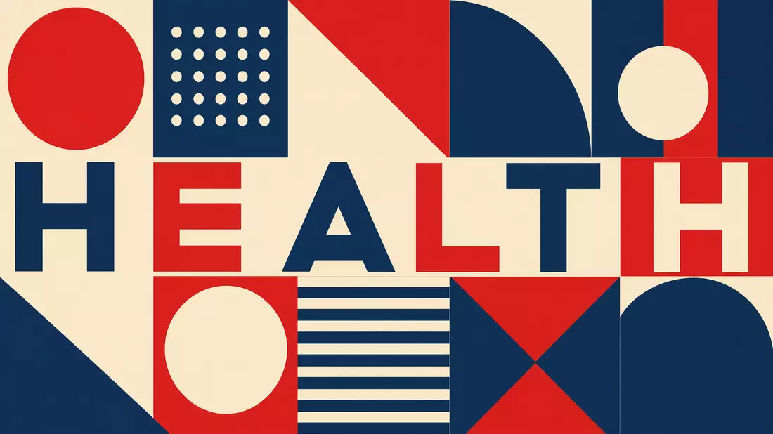 Bauhaus-inspiriertes geometrisches Poster mit dem Schriftzug HEALTH in Rot Blau und Creme