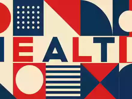Bauhaus-Poster mit geometrischen Formen und Schriftzug HEALTH visualisiert Branche von Fresenius Medical Care AG DE0005785802 - Foto: THN