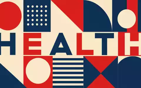 Bauhaus-Poster mit geometrischen Formen und Schriftzug HEALTH visualisiert Branche von Fresenius Medical Care AG DE0005785802 - Foto: THN