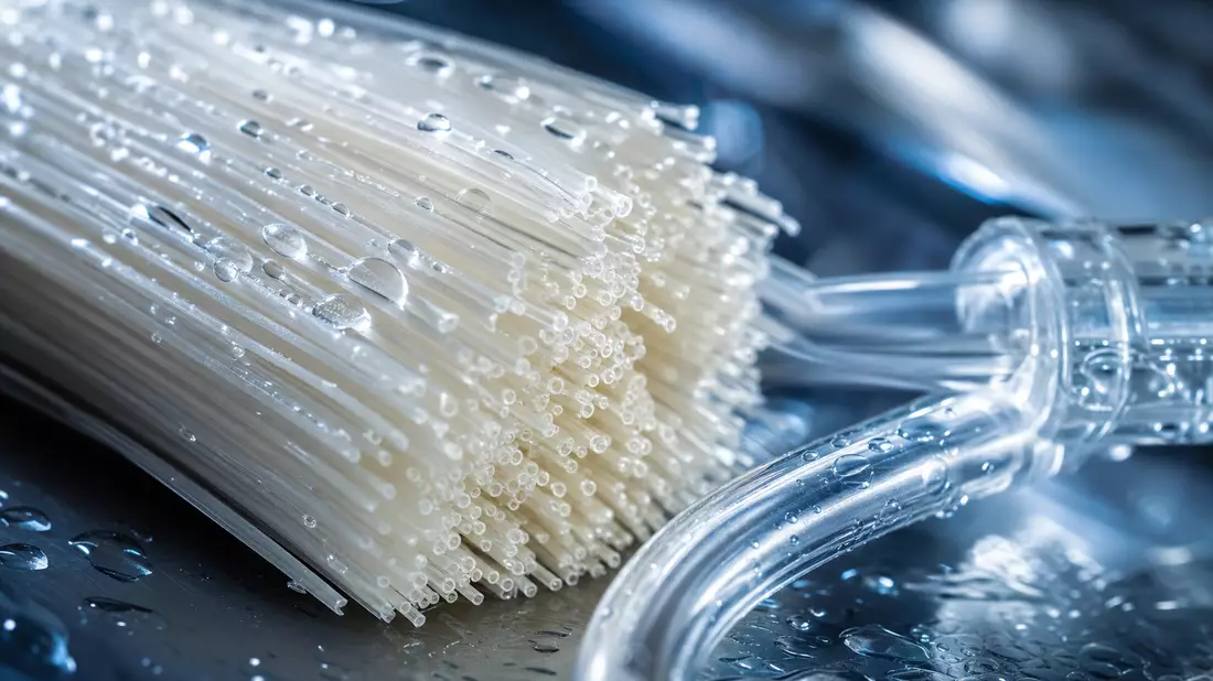 Makroaufnahme feiner Hohlfaser-Membranstränge eines Dialysators mit Wassertropfen