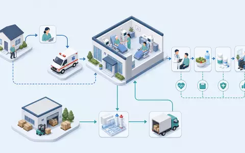 Isometrische 3D-Grafik illustriert Behandlungskette der Versorgung, symbolisch für Fresenius Medical Care AG DE0005785802 mit Klinik - Foto: THN
