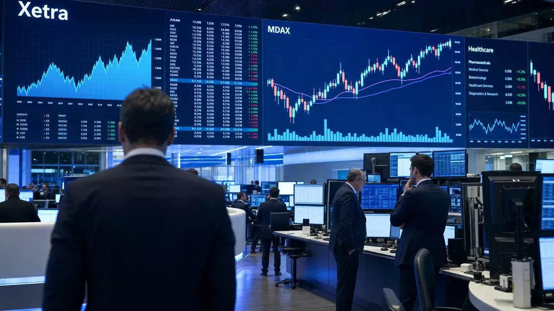 Trading-Floor mit großen Bildschirmen, die Xetra- und MDAX-Kurscharts der Gesundheitsbranche zeigen