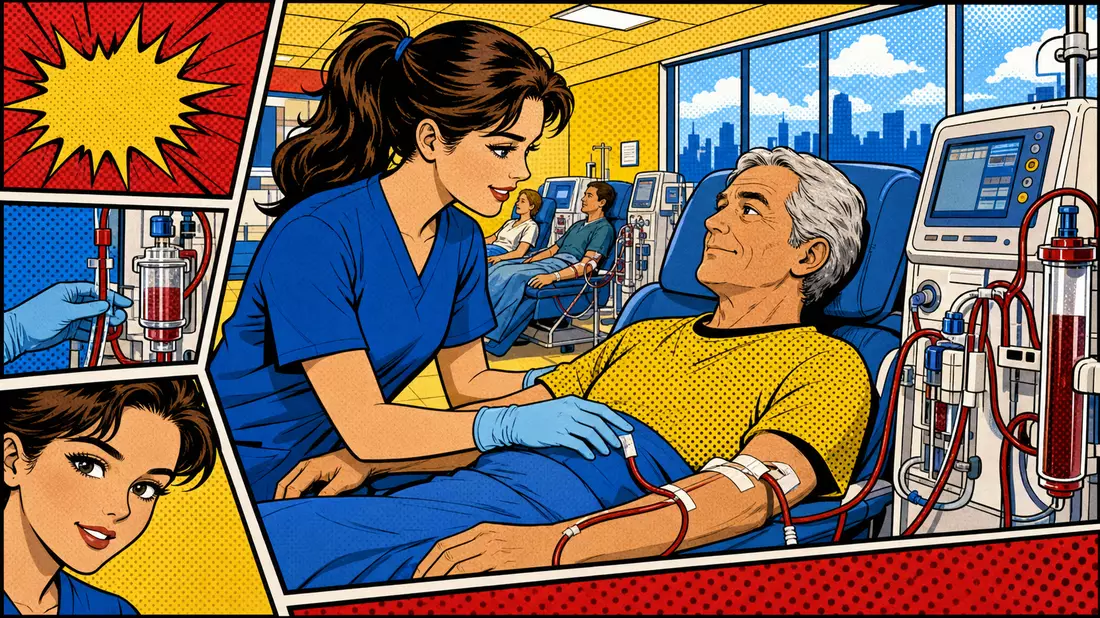 Pop-Art-Comicillustration einer Pflegekraft und eines Patienten in einer farbenfrohen Dialyseszene