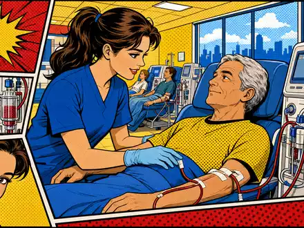 Pop-Art-Comic zeigt farbenfrohe Dialyseszene mit Pflegekraft und Patient, inspiriert von Fresenius Medical Care AG DE0005785802 - Foto: THN