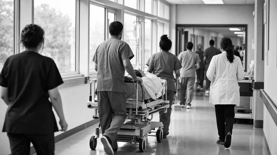 Schwarzweiß-Dokumentarfoto eines belebten Krankenhausflurs mit medizinischem Personal