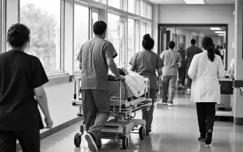 Schwarzweiß-Reportagebild aus Krankenhausflur veranschaulicht Fresenius SE & Co. KGaA, ISIN DE0005785604, dokumentarisch und neutral - Foto: THN