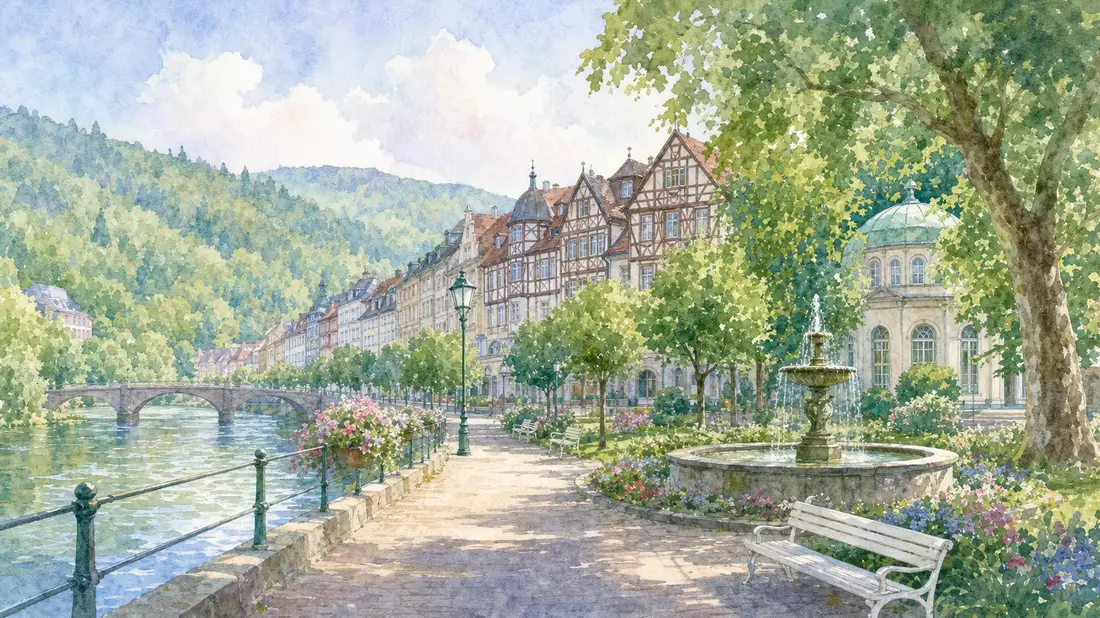 Aquarellmalerei einer deutschen Kleinstadt mit Fachwerkhäusern und Parkanlage