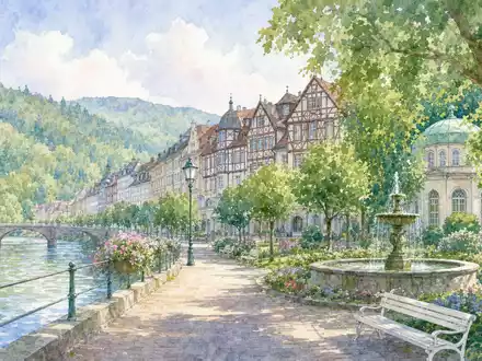 Aquarell-Illustration einer Stadt repräsentiert den Hauptsitz von Fresenius SE & Co. KGaA, ISIN DE0005785604, künstlerisch - Foto: THN