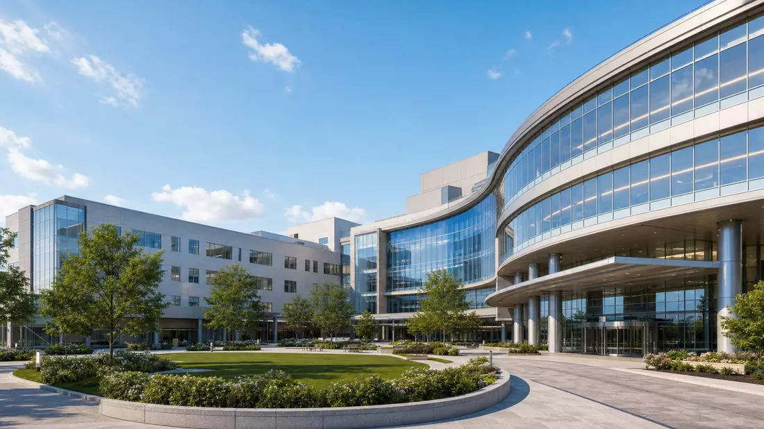 3D-Architekturrendering eines modernen Krankenhauskomplexes mit Glasfassaden