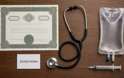 Flatlay-Arrangement mit Aktienzertifikat und ISIN-Karte symbolisiert Fresenius SE & Co. KGaA, ISIN DE0005785604, im Gesundheitssektor - Foto: THN