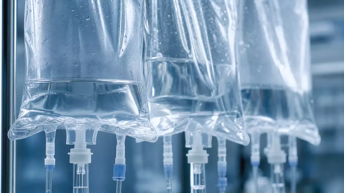 Makroaufnahme von klaren Infusionsbeuteln mit Flüssigkeit in Nahaufnahme