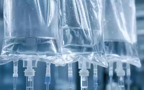 Makroaufnahme einer Infusionslösung zeigt Materialdetails für Fresenius SE & Co. KGaA, ISIN DE0005785604, im Gesundheitsproduktesegment - Foto: THN