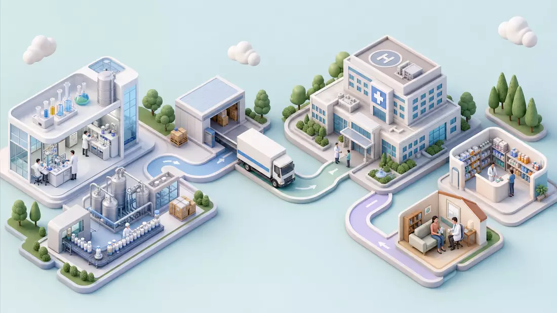 Isometrische 3D-Illustration einer Krankenhaus- und Pharma-Wertschöpfungskette