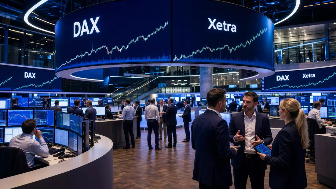 Editorial-Foto eines Trading-Floors mit Kurstafeln und Analysten bei der Arbeit