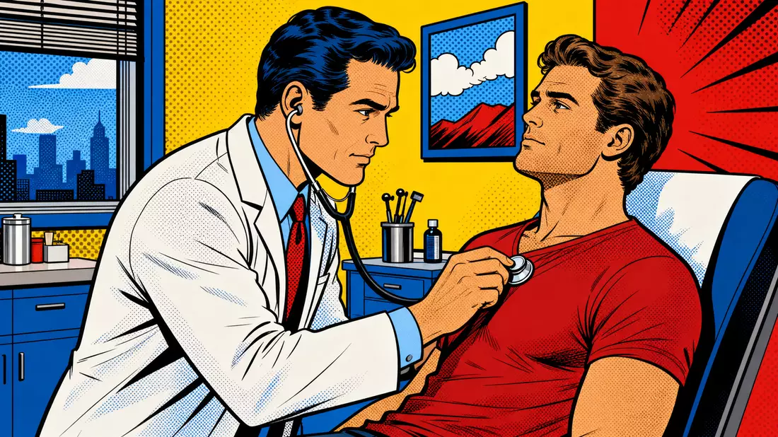 Bunte Pop-Art-Comic-Szene mit Arzt und Patient in stilisierter Klinik