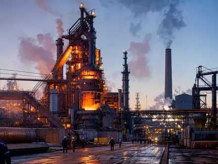 Fotorealistisches Stahlwerk bei Dämmerung symbolisiert Salzgitter AG, ISIN DE0006202005, Stahlbranche Deutschland Investition - Foto: THN
