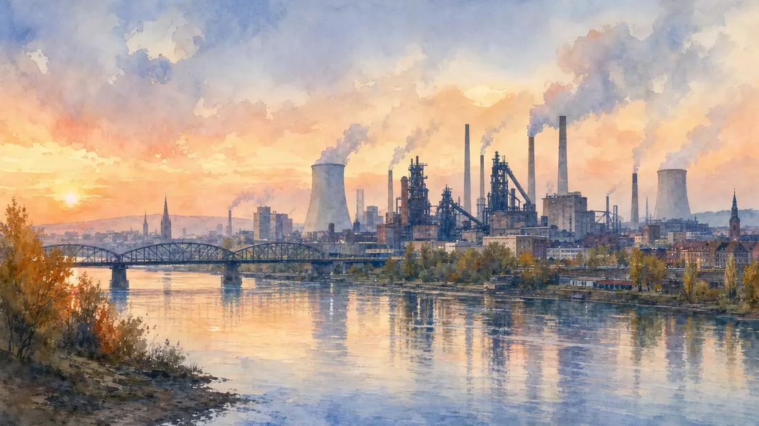 Aquarell einer Industriestadt mit Stahlwerk und Kühltürmen am Fluss