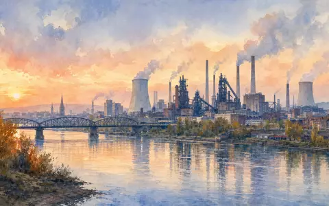 Aquarellmalerei einer Industriestadt am Fluss steht für Salzgitter AG, ISIN DE0006202005, deutsche Stahlstandort-Illustration Kunstwerk - Foto: THN