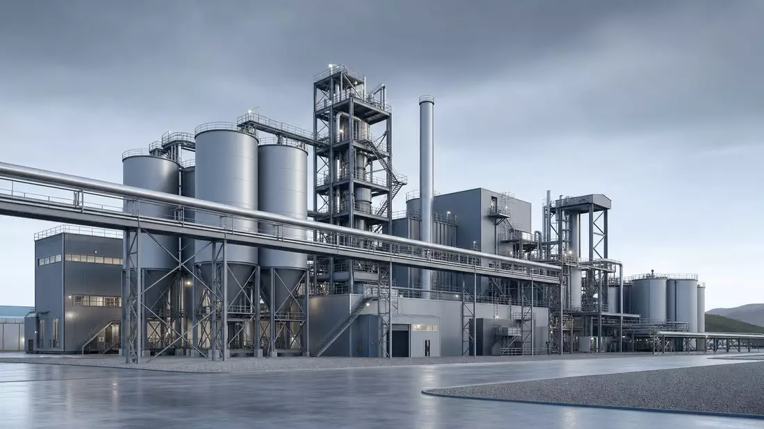 3D-Architekturrendering einer modernen Stahlwerksanlage in Grautönen