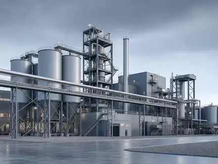 Modernes Architektur-Rendering einer Stahlanlage repräsentiert Salzgitter AG, ISIN DE0006202005, industrielle Visualisierung Anlagenbau Deutschland - Foto: THN