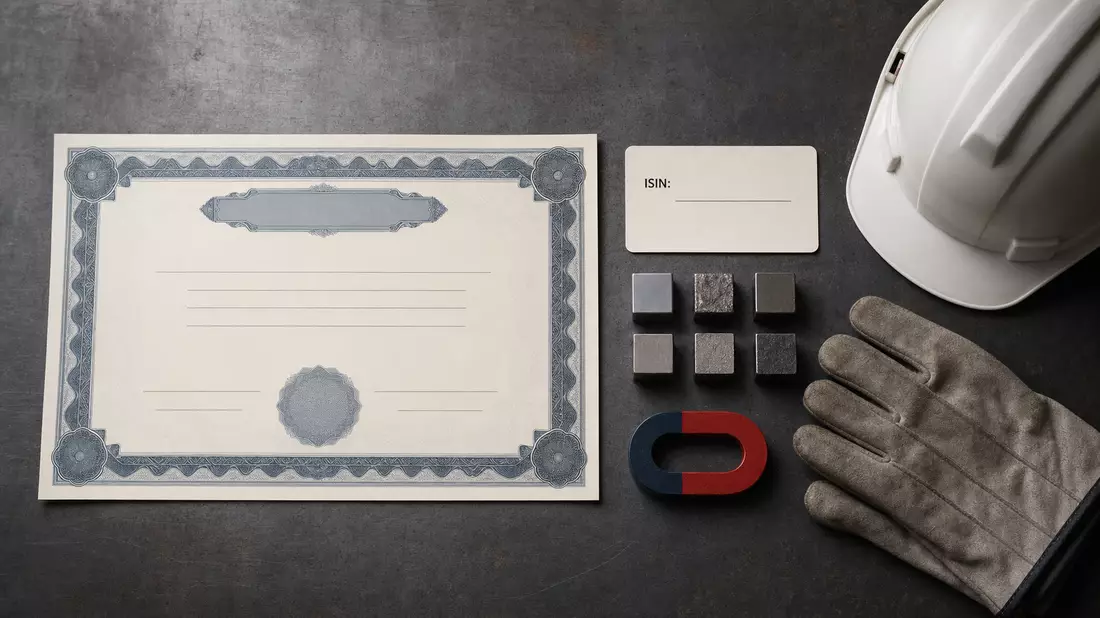Flatlay mit Aktienzertifikat, ISIN-Karte, Stahlwürfeln und Schutzausrüstung