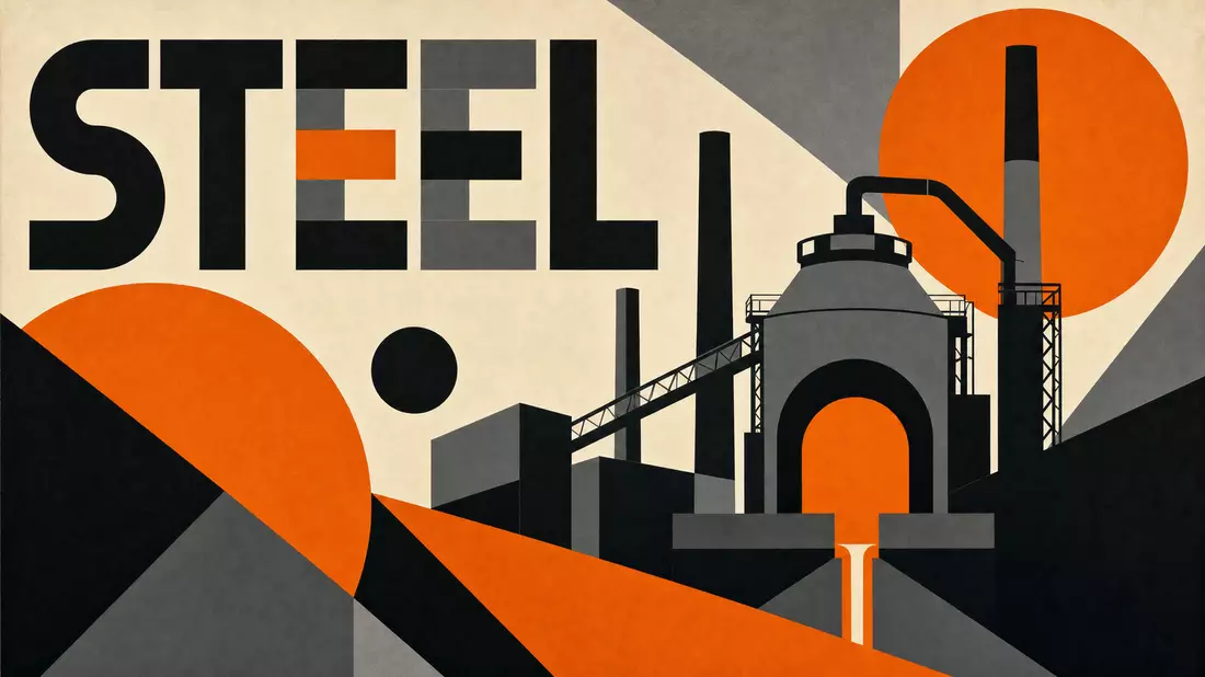Geometrisches Bauhaus-Poster mit stilisiertem Hochofen und Schriftzug STEEL