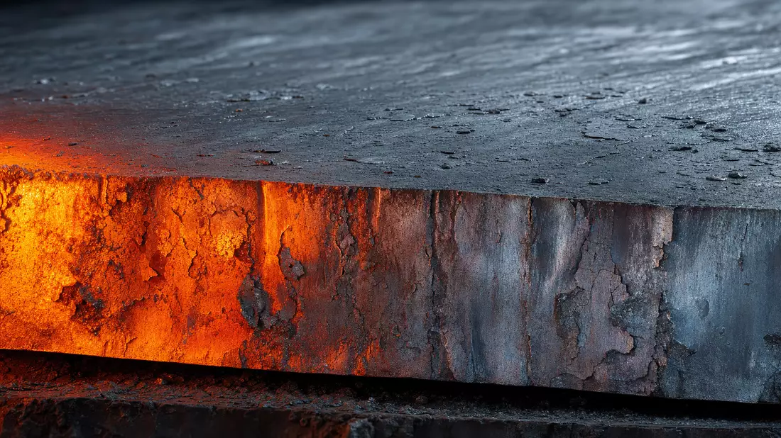 Makroaufnahme einer glühend heißen Stahlbramme mit metallischer Textur