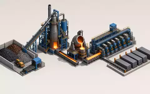 Isometrische 3D-Grafik der Stahl-Wertschöpfungskette zeigt Salzgitter AG, ISIN DE0006202005, Produktionsprozess Hochofen Walzstraße Diagramm - Foto: THN