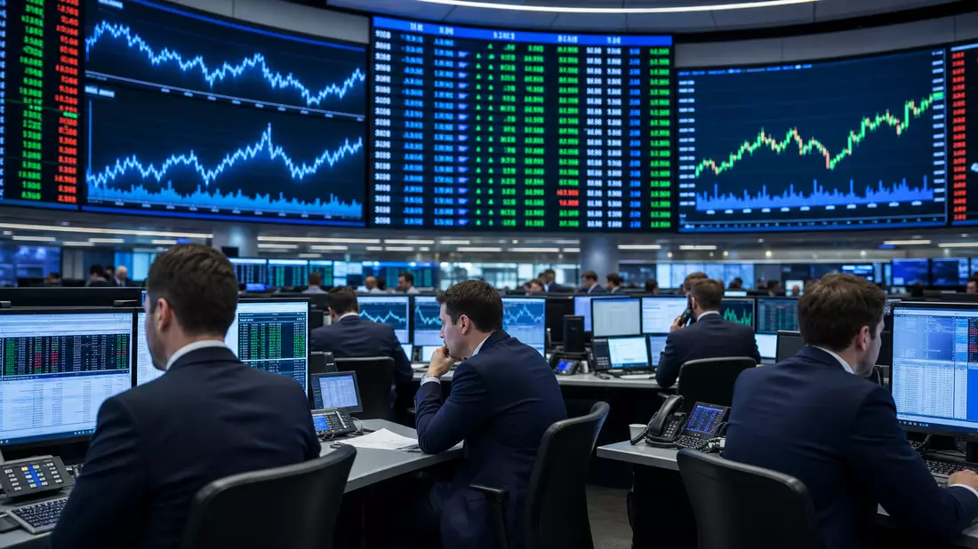 Trading-Floor mit Bildschirmen und Kurscharts der Stahlbranche