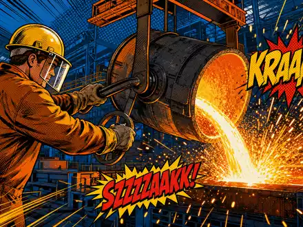 Pop-Art-Comicszene eines Stahlwerkers beim Stahlguss zeigt Salzgitter AG, ISIN DE0006202005, farbenfrohe Comic-Illustration Industriearbeit - Foto: THN