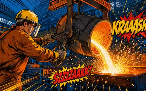 Pop-Art-Comicszene eines Stahlwerkers beim Stahlguss zeigt Salzgitter AG, ISIN DE0006202005, farbenfrohe Comic-Illustration Industriearbeit - Foto: THN