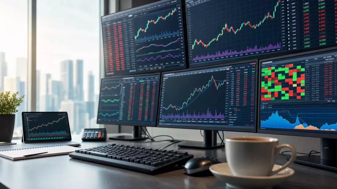 Trading-Desk mit mehreren Monitoren und bunten Finanzcharts vor Skyline