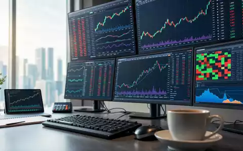 S&P Global Inc. (ISIN US78378X1072): fotorealistischer Trading-Desk mit mehreren Bildschirmen und generischen Marktcharts am Fenster - Foto: THN