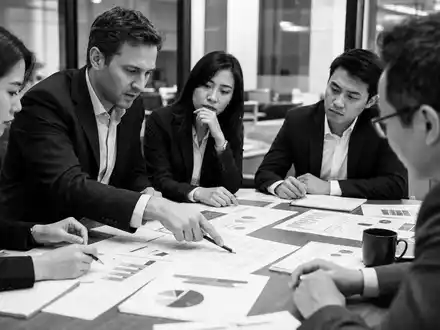 S&P Global Inc. (ISIN US78378X1072): dokumentarische Schwarzweiß-Reportage von Analysten bei Besprechung generischer Rating-Berichte - Foto: THN