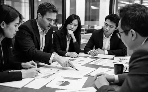 S&P Global Inc. (ISIN US78378X1072): dokumentarische Schwarzweiß-Reportage von Analysten bei Besprechung generischer Rating-Berichte - Foto: THN