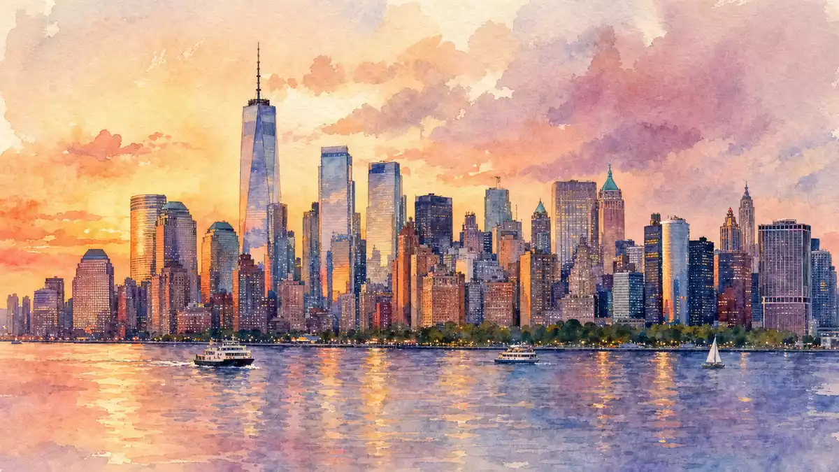 Aquarellmalerei der Manhattan-Skyline bei Sonnenuntergang mit Booten