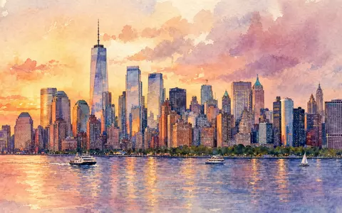 S&P Global Inc. (ISIN US78378X1072): Aquarellgemälde der New Yorker Finanzdistrikt-Skyline im warmen Abendlicht am Fluss - Foto: THN