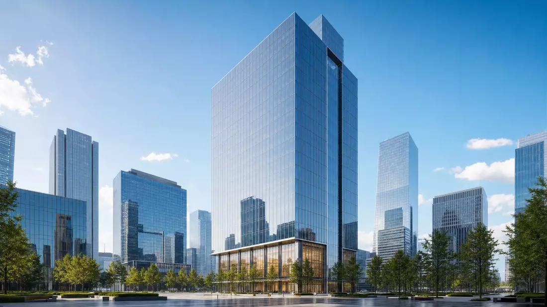 3D-Render eines modernen Glas-Bürohochhauses im Finanzdistrikt bei Tageslicht