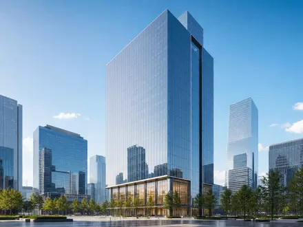 S&P Global Inc. (ISIN US78378X1072): architektonisches Render eines modernen gläsernen Bürohochhauses im Finanzviertel - Foto: THN